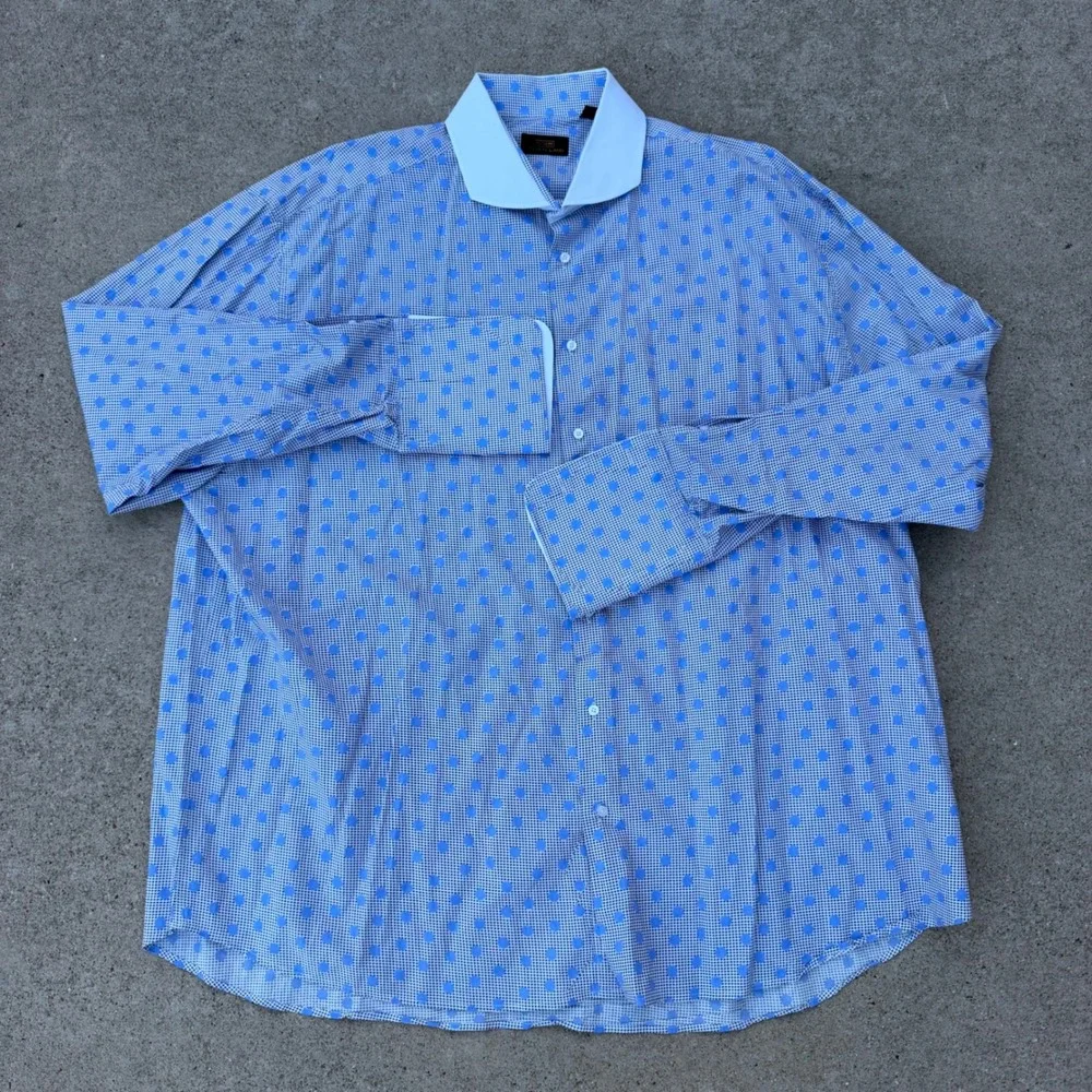 Steven Land Dress Shirt Mens 19 Blue Polka Dot Contrast Collar French Cuff - Picture 2 of 6